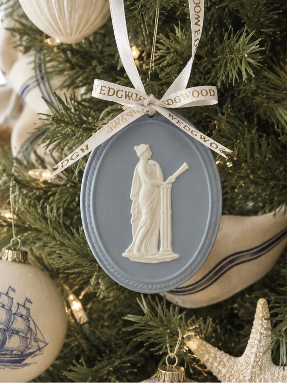 Wedgwood Blue and White Jasperware Hanging Plaque with Ribbon